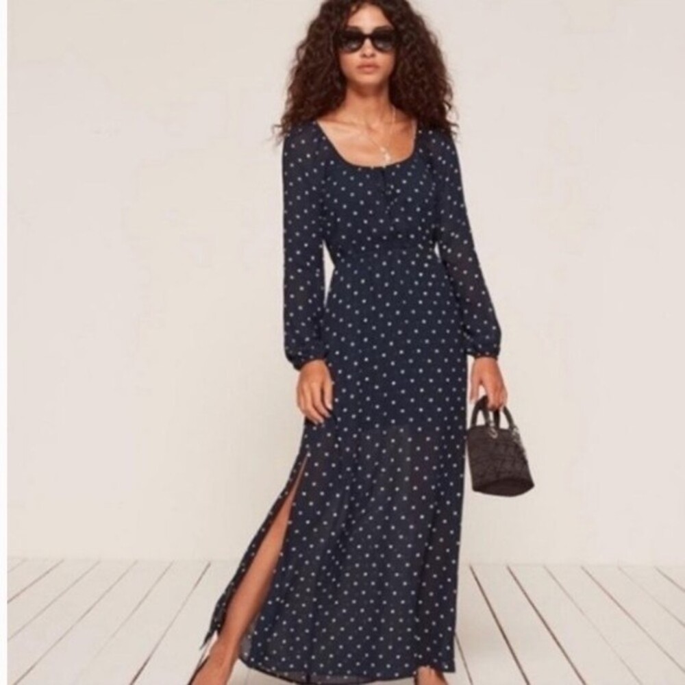 NWT Reformation | Navy Polka Dots Maxi Long Sleeve Dress S‎